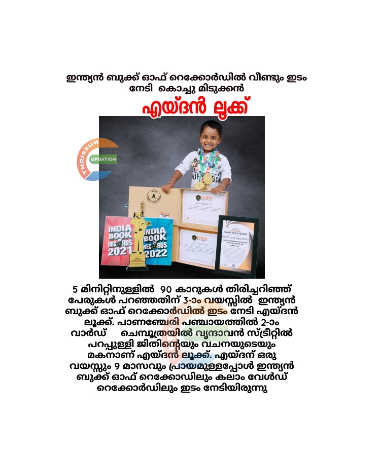 ഇന്ത്യൻ ബുക്ക് ഓഫ് റെക്കോർഡിൽ വീണ്ടും ഇടം നേടി കൊച്ചു മിടുക്കൻ എയ്ദൻ ലൂക്ക്