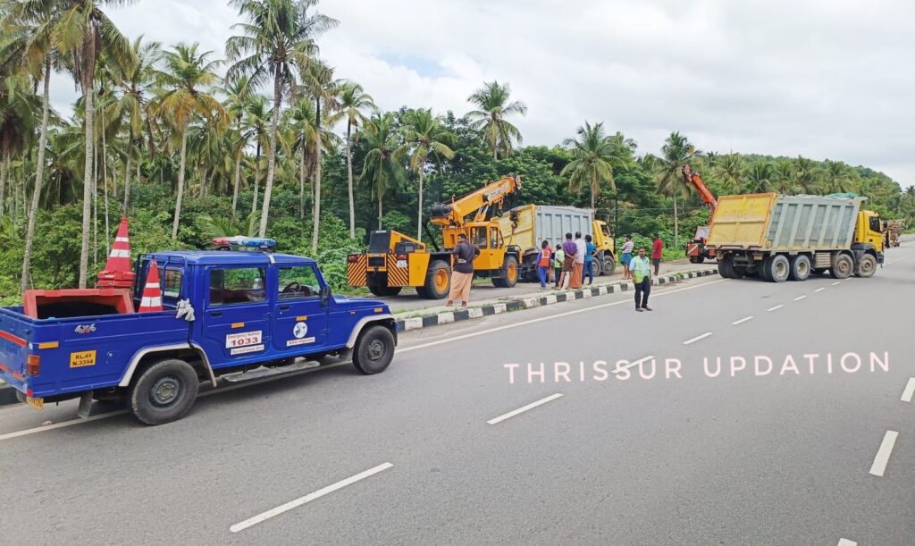 റോഡ് നിർമ്മാണത്തിൽ അലംഭാവം ; ലോഡുമായി വന്ന ടിപ്പർ ദേശീയപാതയിൽ താഴ്ന്നു.