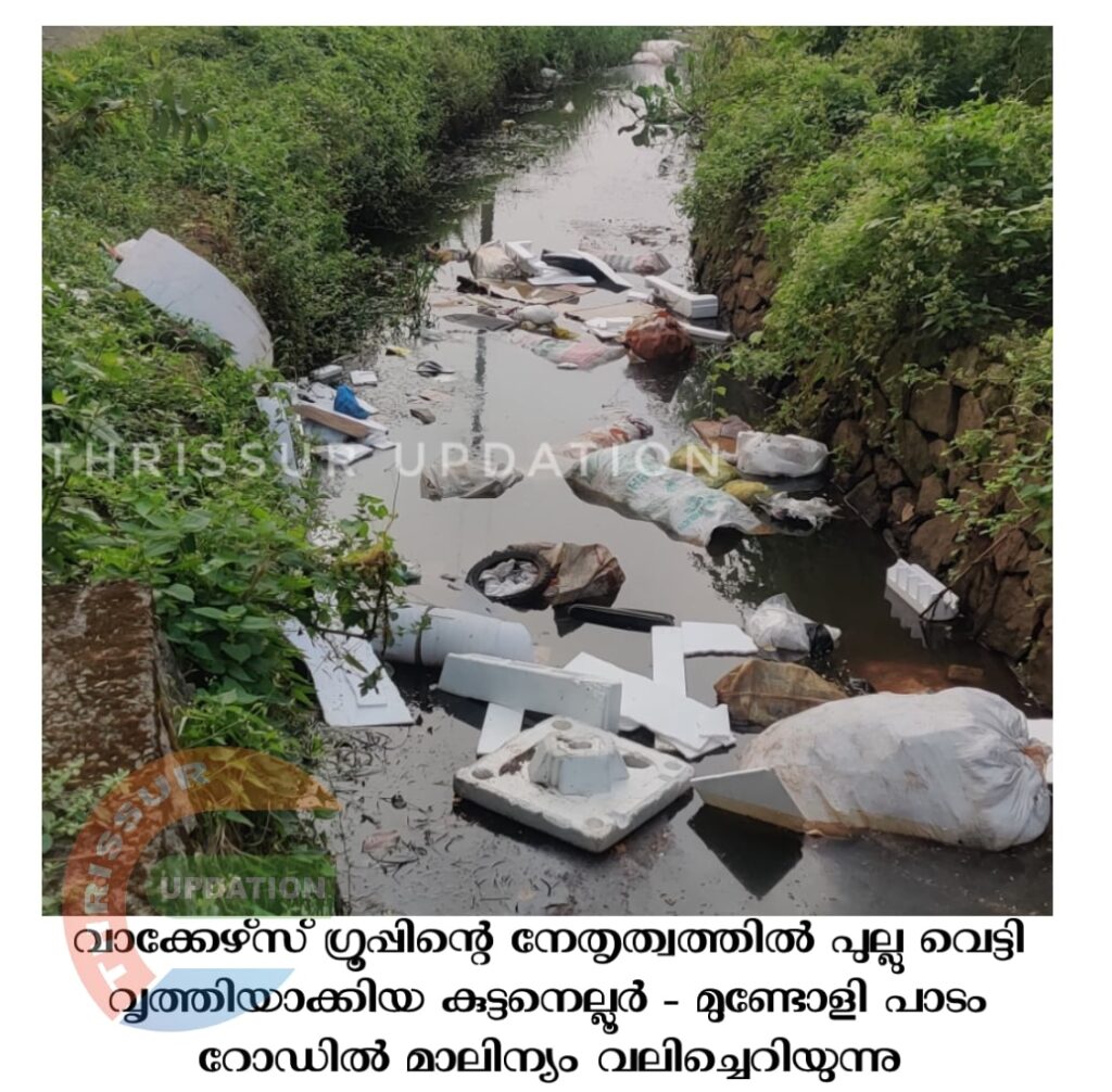 വാക്കേഴ്‌സ് ഗ്രൂപ്പിന്റെ നേതൃത്വത്തിൽ പുല്ലു വെട്ടി വൃത്തിയാക്കിയ കുട്ടനെല്ലൂർ – മുണ്ടോളി പാടം റോഡിൽ മാലിന്യം വലിച്ചെറിയുന്നു