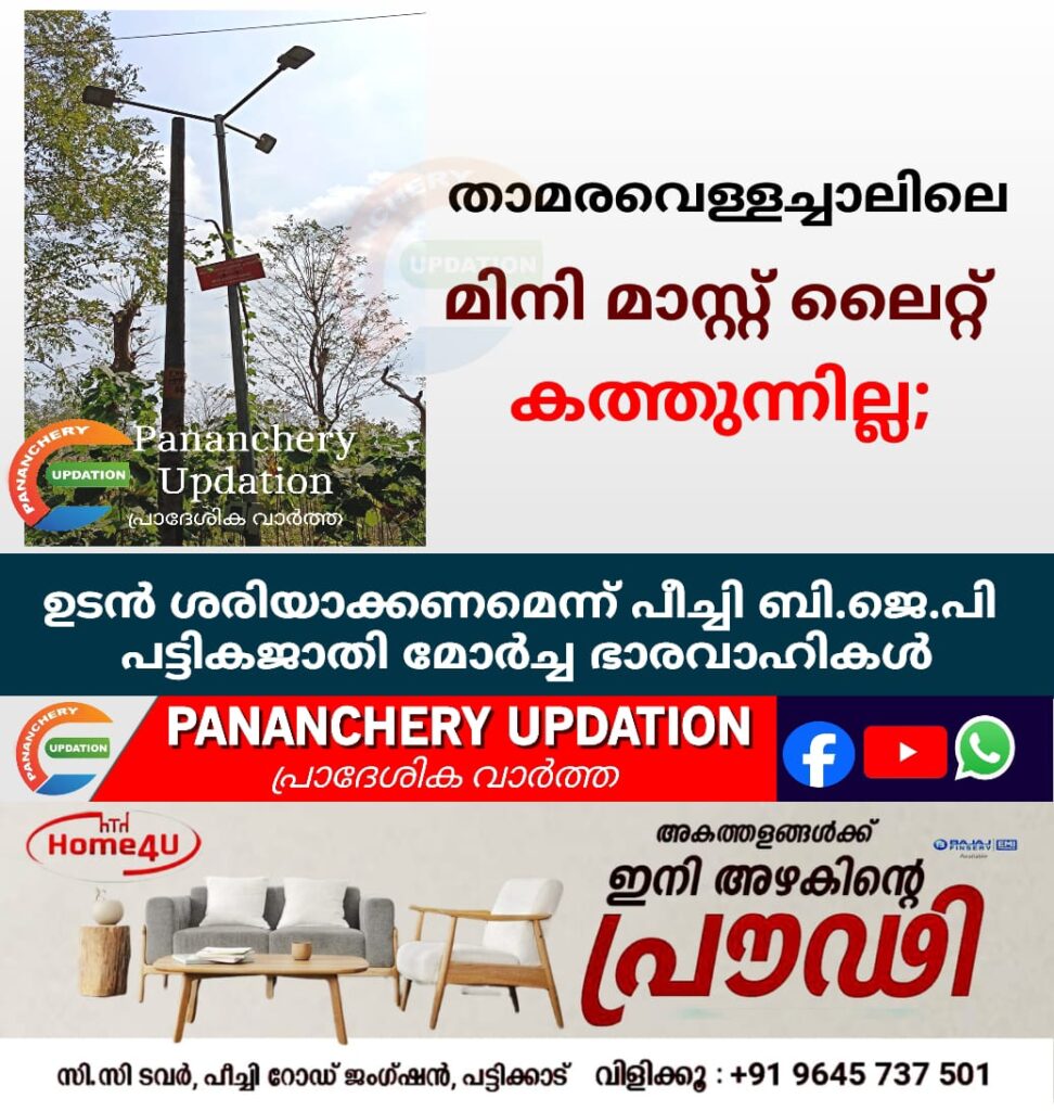 താമരവെള്ളച്ചാലിലെ മിനി മാസ്റ്റ് ലൈറ്റ് കത്തുന്നില്ല; ഉടൻ ശരിയാക്കണമെന്ന് പീച്ചി ബി.ജെ.പി  പട്ടികജാതി മോർച്ച ഭാരവാഹികൾ