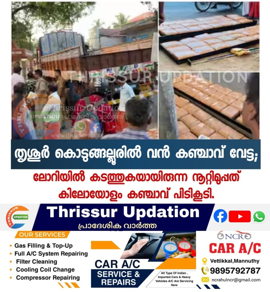 തൃശൂർ കൊടുങ്ങല്ലൂരിൽ വൻ കഞ്ചാവ് വേട്ട; ലോറിയിൽ കടത്തുകയായിരുന്ന നൂറ്റിമുപ്പത് കിലോയോളം കഞ്ചാവ് പിടികൂടി.