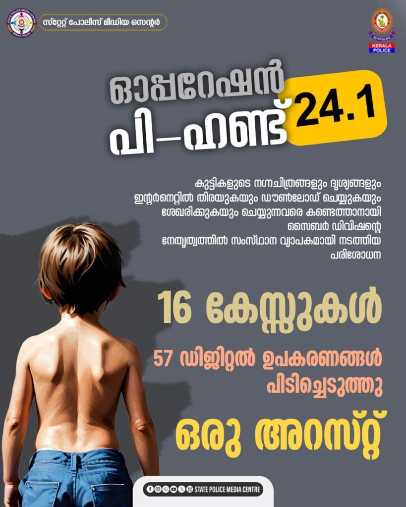 ഓപ്പറേഷൻ പി ഹണ്ട് 24.1; 16 കേസ്സുകൾ, 57 ഡിജിറ്റൽ ഉപകരണങ്ങൾ പിടിച്ചെടുത്തു, ഒരു അറസ്‌റ്റ്