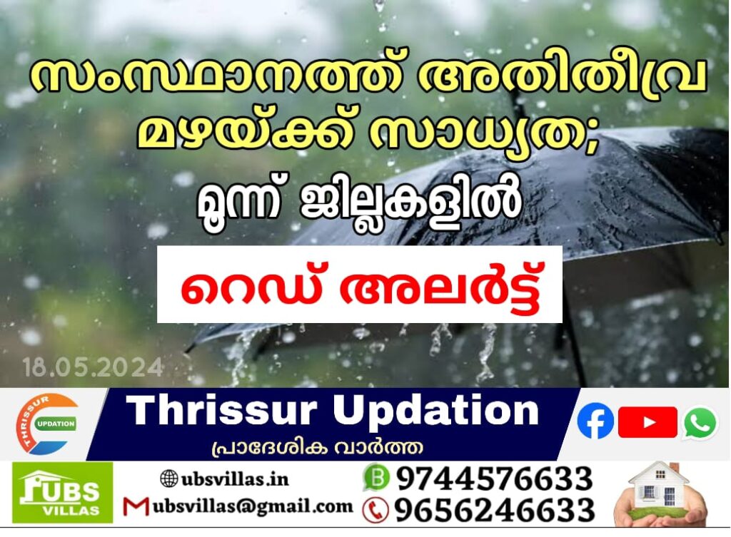 സംസ്ഥാനത്ത് അതിതീവ്ര മഴയ്ക്ക് സാധ്യത; മൂന്ന് ജില്ലകളിൽ റെഡ് അലര്‍ട്ട്‌, കാലവർഷം മേയ് 31നെത്തും