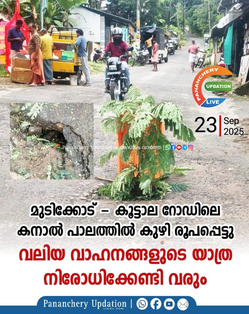മുടിക്കോട് – കൂട്ടാല റോഡിലെ കനാൽ പാലത്തിൽ കുഴി രൂപപ്പെട്ടു ; വലിയ വാഹനങ്ങളുടെ യാത്ര നിരോധിക്കേണ്ടി വരും